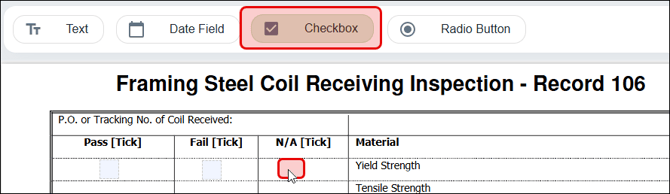 Digitize forms in Nexa by superimposing interactive elements where you want users to enter data or a response in your QC form.