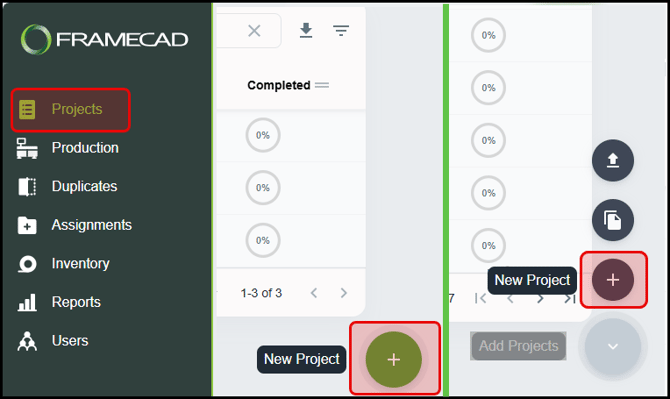 Look for the plus button in the Projects page. Click New Project if you're a Nexa Base user. If you're any other Nexa user, click Add Projects, then select New Project.