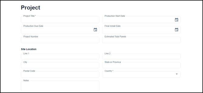 New Project page - project details and site location