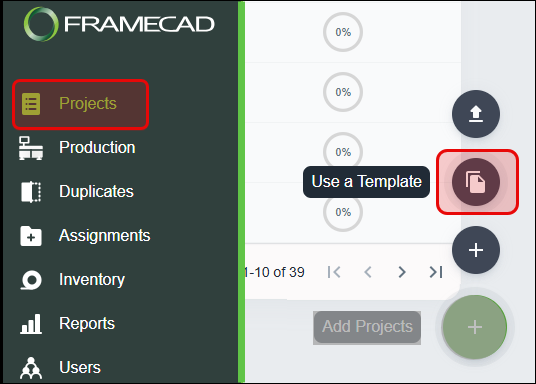 Nexa - Projects page - Selecting Use a Template
