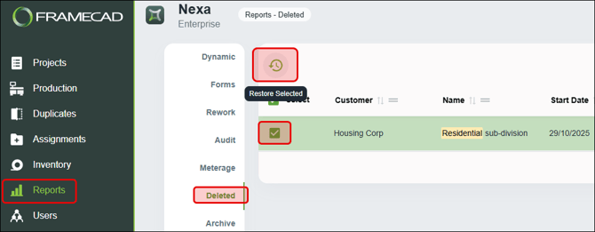 Nexa - Reports - restoring a deleted report