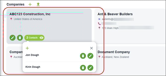 Hover over a tile under Companies or Contacts, then click an icon to take the relevant action