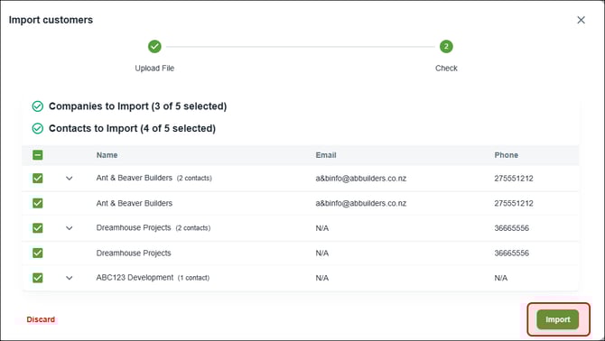 Nexa - Settings - Import customers dialog
