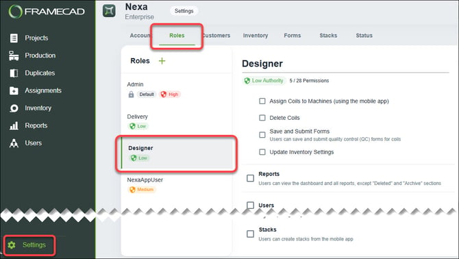 Nexa - Settings - Roles and permissions