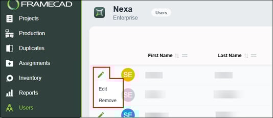 Nexa - Users - Edit or remove a user