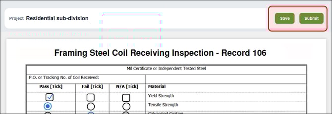 Illustration of saving or submitting a QC form after entering data