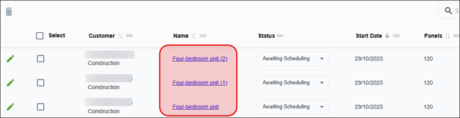 Project quantity appearing in the projects grid